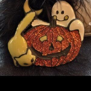 Vintage pumpkin cat and ghost Halloween pin